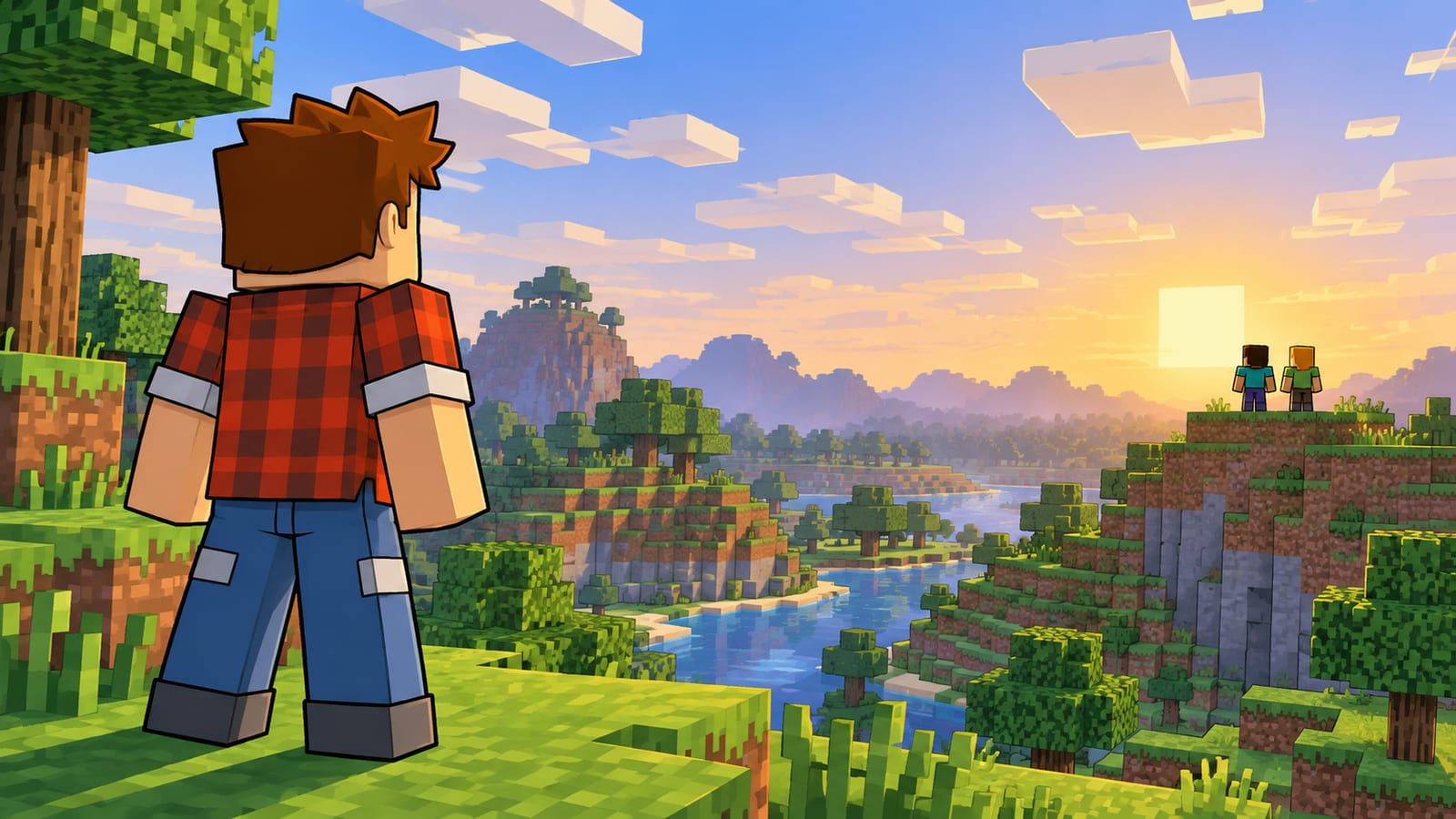 A player looking out over a Minecraft valley at sunset, two friends on a distant hill